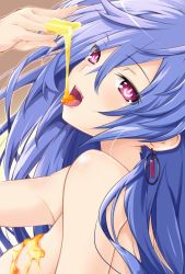 Rule 34 | 1girl, blue hair, dripping, eating, from side, head tilt, highres, honey, iris heart, iwashi dorobou -r-, kami jigen game neptune v, long hair, looking at viewer, looking back, neptune (series), open mouth, pink eyes, power symbol, power symbol-shaped pupils, solo, symbol-shaped pupils, upper body