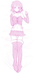Rule 34 | 1girl, blue theme, blush, boots, closed mouth, corset, detached sleeves, full body, hair ornament, hands up, hidamari sketch, highres, kagami uekusa, kirara fantasia, looking at viewer, lying, microskirt, midriff, monochrome, navel, nose blush, on back, pleated skirt, short hair, skirt, smile, solo, thigh boots, thighhighs, x hair ornament, yuno (hidamari sketch)