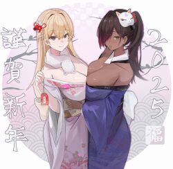 2025 2girls absurdres bare_shoulders black_hair blonde_hair breasts brown_eyes cleavage collarbone dark-skinned_female dark_skin goddess_of_victory:_nikke highres huge_breasts japanese_clothes kimono long_hair mask mask_on_head multiple_girls naga_(last_girlhood)_(nikke) naga_(nikke) official_alternate_costume orange_eyes oval_background pink_kimono ponytail purple_kimono sloan_(shakabrah) smile tia_(nikke)