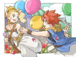 Rule 34 | 1boy, 1girl, balloon, bare shoulders, blonde hair, breasts, cat, choker, chrono trigger, crono (chrono trigger), green eyes, headband, highres, jewelry, long hair, marle (chrono trigger), necklace, open mouth, ponytail, red hair, spiked hair, uzutanco