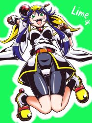 Rule 34 | 1990s (style), 1girl, bandana, bare shoulders, blue hair, breasts, female focus, green eyes, jumping, legs, lime (saber j), long hair, looking at viewer, retro artstyle, saber marionette j, shiny skin, smile, thong