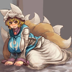 Rule 34 | 1girl, animal hat, blonde hair, blush, breasts, chanta (ayatakaoisii), fox tail, full body, hanging breasts, hat, hip focus, huge breasts, indoors, long skirt, long sleeves, looking at viewer, mob cap, multiple tails, open mouth, mob cap, room, shirt, shoes, short hair, skirt, solo, sweat, tabard, tail, teeth, thighs, tongue, touhou, white footwear, white shirt, white skirt, yakumo ran, yellow eyes