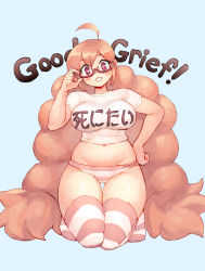 Rule 34 | 1girl, adjusting eyewear, ahoge, arched soles, artist name, belly, big hair, blush, borrowed character, breasts, bright pupils, character request, clothes writing, commentary, crop top, curvy, english commentary, eyebrows hidden by hair, full body, glasses, grin, groin, halftone texture, hand up, head tilt, highres, huge ahoge, impossible clothes, impossible shirt, junkpuyo, kneeling, large breasts, legs, long hair, looking at viewer, low twintails, midriff, navel, no shoes, open mouth, original, panties, parted bangs, pink hair, pink panties, pink thighhighs, plump, purple-framed eyewear, purple eyes, semi-rimless eyewear, shirt, short sleeves, simple background, skindentation, smile, solo, stomach, striped clothes, striped panties, striped thighhighs, t-shirt, text background, thick thighs, thigh gap, thighhighs, thighs, translated, twintails, under-rim eyewear, underwear, very long hair, white pupils