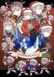 Rule 34 | 2girls, 2others, 6+boys, antlers, apron, baker nemo (fate), bell, black shirt, blonde hair, blue hair, box, braid, christmas, closed eyes, collared shirt, confetti, dress shirt, engineer nemo (fate), facial hair, fate/grand order, fate (series), food, fur-trimmed headwear, fur hat, fur trim, gift, gift box, glasses, gradient hair, green eyes, grin, hair ribbon, hat, highres, holding, holding party popper, holding spoon, horns, low-tied sidelocks, low twin braids, low twintails, marine nemo (fate), multicolored hair, multiple boys, multiple girls, multiple others, mustache, nemo (fate), party popper, professor nemo (fate), red headwear, reindeer hat, ribbon, santa costume, santa hat, shirt, simple background, single braid, smile, spoon, tetsu (teppei), turkey (food), twin braids, twintails, ushanka