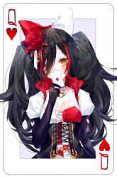 Rule 34 | 1girl, absurdres, black corset, black hair, blush, bow, breasts, brown eyes, card, cleavage, collarbone, corset, cropped jacket, flower, hair bow, hair flower, hair ornament, head tilt, highres, holding, holding card, hololive, jacket, long hair, medium breasts, multicolored hair, official alternate costume, ookami mio, ookami mio (wonderland), queen (playing card), queen of hearts (playing card), red bow, red flower, shigureszku, solo, streaked hair, twintails, two-tone bow, upper body, virtual youtuber, white bow, white jacket