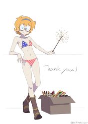 Rule 34 | 1girl, absurdres, american flag bikini, arikindows10, artist name, bikini, blue eyes, boots, closed mouth, fireworks, flag print, freckles, glasses, hairband, highres, holding fireworks, little witch academia, looking at viewer, lotte jansson, navel, orange hair, short hair, side-tie bikini bottom, signature, simple background, smile, solo, sparkler, standing, swimsuit, white background