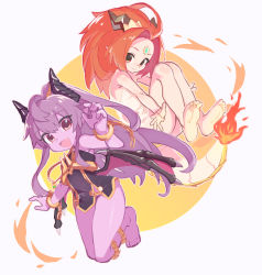Rule 34 | 2girls, :d, absurdres, barefoot, borrowed character, chain, colored skin, cuffs, demon girl, demon horns, demon wings, dress, fang, feet, female focus, flat chest, forehead jewel, highres, horns, lolicom, long hair, ming (mg), multiple girls, open mouth, original, purple hair, purple skin, shackles, smile, soles, tail, toes, wings, yong (mg)