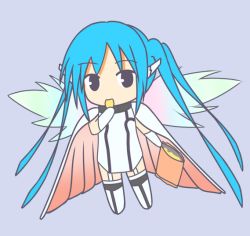 Rule 34 | 1girl, armor, blue hair, cape, chibi, chips (food), female focus, flat color, food, full body, long hair, nymph (sora no otoshimono), pauldrons, shoulder armor, simple background, solo, sora no otoshimono, thighhighs, twintails, wings