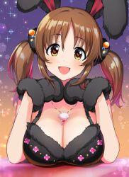 Rule 34 | 1girl, :d, animal ears, bare shoulders, black dress, black gloves, blush, breasts, cleavage, commentary request, dress, fake animal ears, fang, fur-trimmed dress, fur gloves, fur trim, gloves, gradient background, halloween, heart, heart-shaped pupils, heart necklace, idolmaster, idolmaster cinderella girls, jewelry, large breasts, long hair, looking at viewer, natsuya (natuya777), necklace, open mouth, orange background, parted bangs, pendant, purple background, rabbit ears, sidelocks, sleeveless, sleeveless dress, smile, solo, sparkle, symbol-shaped pupils, tareme, totoki airi, twintails, upper body, yellow eyes