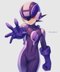 Rule 34 | 1boy, arm at side, artist name, blurry, bodysuit, clenched hand, closed mouth, commentary request, covered collarbone, covered navel, cowboy shot, dark megaman.exe, dark persona, dated, depth of field, grey background, helmet, highres, male focus, mega man (series), mega man battle network, mega man battle network (series), mega man battle network 5, megaman.exe, netnavi, outstretched hand, purple bodysuit, purple headwear, red eyes, short hair, simple background, smile, solo, standing, twitter username, zero-go