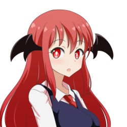 Rule 34 | 1girl, :o, bat wings, black vest, bright pupils, cato (monocatienus), commentary request, head wings, koakuma, long hair, looking at viewer, necktie, red eyes, red hair, red necktie, shirt, simple background, solo, touhou, upper body, vest, white background, white pupils, white shirt, wing collar, wings