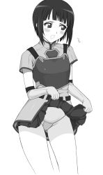 Rule 34 | 10s, 1girl, armor, belt, blush, breastplate, clothes lift, elbow gloves, flying sweatdrops, gloves, greyscale, groin, highres, looking away, mole, mole under eye, monochrome, open mouth, panties, pleated skirt, sachi (sao), shichimenchou, short sleeves, simple background, skirt, skirt lift, solo, sword art online, thong, underwear, upskirt, white background