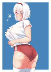Rule 34 | 1girl, absurdres, alternate costume, ass, azur lane, blue background, breasts, buruma, from behind, gym uniform, highres, huge breasts, looking at viewer, looking back, nanohana (november.), red buruma, red eyes, shirt, short hair, simple background, sirius (azur lane), solo, standing, tented shirt, thighhighs, white hair, white shirt, white thighhighs