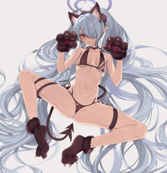 Rule 34 | 1girl, absurdres, animal ears, animal hands, bare shoulders, bikini, black bikini, black choker, black gloves, blue archive, blush, breasts, cat ears, choker, collarbone, dark-skinned female, dark skin, demon tail, fake animal ears, gloves, hair over one eye, hair ribbon, highres, iori (blue archive), iori (swimsuit) (blue archive), long hair, looking at viewer, multi-strapped bikini bottom, navel, official alternate costume, paw gloves, paw shoes, pointy ears, red eyes, ribbon, santa (sunflower), small breasts, solo, spread legs, swimsuit, tail, twintails