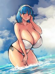 Rule 34 | 1girl, absurdres, bikini, blue hair, breasts, cleavage, erkaz, hairband, highres, huge breasts, in water, looking at viewer, medium hair, original, outdoors, partially submerged, red eyes, rina atherina, standing, swimsuit, wet