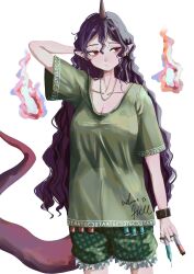 Rule 34 | 1girl, absurdres, arm behind back, breasts, cleavage, clothes writing, commentary, cowboy shot, green shirt, green shorts, highres, holding, holding syringe, horns, long hair, looking to the side, mesuosushi, pointy ears, purple hair, red eyes, shirt, short sleeves, shorts, simple background, single horn, solo, syringe, tail, tenkajin chiyari, test tube, touhou, white background