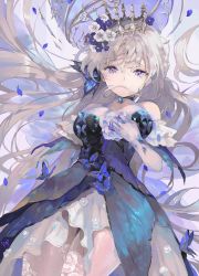 Rule 34 | 1girl, animal, bare shoulders, black choker, blue butterfly, blue flower, blue theme, bug, butterfly, choker, commentary, crown, crying, crying with eyes open, detached sleeves, dress, duplicate, floral print, flower, gem, grey hair, hair flower, hair ornament, hyatsu, insect, jewelry, long hair, looking at viewer, necklace, original, parted lips, petals, pixel-perfect duplicate, purple eyes, purple flower, purple theme, short sleeves, solo, strapless, strapless dress, symbol-only commentary, tears, thighhighs, tiara, very long hair, white flower