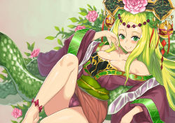 Rule 34 | 1girl, anklet, bare legs, bare shoulders, barefoot, blonde hair, breasts, chinese clothes, cleavage, collarbone, green eyes, headdress, henry bird 9, jewelry, long hair, meimei (p&amp;d), panties, pantyshot, puzzle &amp; dragons, smile, solo, underwear