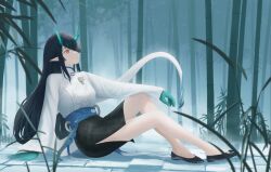 Rule 34 | 1girl, ambience synesthesia, aobana seika, arknights, bamboo, bamboo forest, black hair, black skirt, colored skin, dragon girl, dragon horns, dragon tail, dress, dusk (arknights), forest, green horns, green skin, highres, horns, nature, red eyes, sitting, skirt, tail, white dress