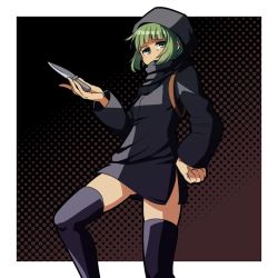 Rule 34 | 1girl, artist request, black thighhighs, covered mouth, dark-skinned female, dark skin, food, fruit, gradient background, green eyes, green hair, halftone, halftone background, hand on own hip, holding, holster, hood, isis-chan, long sleeves, matching hair/eyes, melon, original, short hair, shoulder holster, solo, thighhighs