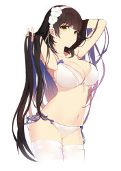 Rule 34 | 1girl, :o, absurdres, bikini, black hair, breasts, brown hair, cleavage, collarbone, derivative work, flower, flower ornament, front-tie bikini top, front-tie top, girls&#039; frontline, hair flower, hair ornament, hairband, hand in own hair, highres, kepress, large breasts, long hair, looking at viewer, navel, official alternate costume, side-tie bikini bottom, simple background, solo, stomach, swimsuit, thighhighs, type 95 (girls&#039; frontline), type 95 (summer cicada) (girls&#039; frontline), very long hair, white bikini, white hairband, white thighhighs, yellow eyes
