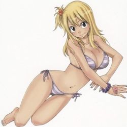 Rule 34 | 1girl, bikini, black eyes, blonde hair, breasts, cleavage, fairy tail, halterneck, looking at viewer, lowres, lucy heartfilia, mashima hiro, navel, side-tie bikini bottom, simple background, smile, solo, string bikini, striped bikini, striped clothes, swimsuit, white background