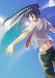 Rule 34 | 00s, 1boy, ass, belt, blue sky, brown eyes, day, denim, expressionless, from behind, jeans, looking at viewer, looking back, macross, macross frontier, male focus, necktie, outdoors, outstretched arm, pants, ponytail, saotome alto, school uniform, shirt, sky, solo, sun, sunlight, t-shirt