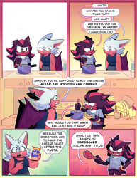 Rule 34 | 1boy, 1girl, absurdres, alternate costume, animal ears, animal nose, bat ears, bat girl, bat wings, breasts, comic, commentary, cooking, cooking pot, english commentary, english text, fernsnailz, furry, furry female, furry male, grey shirt, highres, holding, holding spoon, indoors, kitchen, looking at another, macaroni and cheese (food), medium breasts, no gloves, open mouth, red eyes, rouge the bat, shadow the hedgehog, shirt, sonic (series), speech bubble, spoon, standing, stirring, tail, wings, wooden spoon