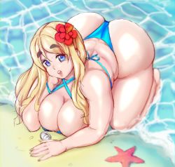 Rule 34 | 1girl, all fours, ass, beach, bikini, blonde hair, blue bikini, blue eyes, breasts, cleavage, flower, hair flower, hair ornament, huge ass, k-on!, keigi, kotobuki tsumugi, large breasts, lips, looking at viewer, looking up, open mouth, plump, smile, solo, starfish, swimsuit, thick eyebrows, thick thighs, thighs, water, wide hips