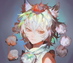 Rule 34 | 1girl, albino, animal ears, blue background, gradient background, hat, inubashiri momiji, looking to the side, pom pom (clothes), portrait, red eyes, shinigami wyvern, shinigamiwyvern, shirt, short hair, solo, tokin hat, touhou, white hair, wolf ears