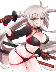 Rule 34 | 1girl, ahoge, bikini, black bikini, black choker, black gloves, breasts, choker, cleavage, collarbone, cowboy shot, fate/grand order, fate (series), fighting stance, gloves, grin, halterneck, highres, holding, holding sword, holding weapon, jeanne d&#039;arc alter (swimsuit berserker) (fate), jeanne d&#039;arc (fate), jeanne d&#039;arc alter (fate), jeanne d&#039;arc alter (swimsuit berserker) (fate), katana, kazuya0810, large breasts, long hair, o-ring, o-ring bikini, o-ring bottom, o-ring top, ready to draw, sheath, sheathed, shrug (clothing), silver hair, simple background, sleeves past elbows, smile, solo, swimsuit, sword, thighs, v-shaped eyebrows, very long hair, weapon, white background, yellow eyes