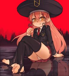 Rule 34 | arm support, artist name, black thighhighs, blush, clenched hand, crossed legs, earrings, fang, feet, gina (undead unluck), hair between eyes, heart, heart earrings, highres, jacket, jewelry, large hat, long hair, looking at viewer, necktie, orange eyes, panties, pantyshot, pink hair, pleated skirt, red background, red necktie, red sky, reflection, reflective water, sitting on water, skirt, sky, stirrup legwear, suit jacket, syrupmelty, thighhighs, toeless legwear, toes, undead unluck, underwear, v-shaped eyebrows, water, white panties