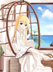 Rule 34 | 1girl, :d, barefoot, blonde hair, blue eyes, blue sky, blush, cloud, cloudy sky, day, dress, flower girl (yuuhagi (amaretto-no-natsu)), hair between eyes, hair ornament, hairclip, horns, indoors, long hair, long sleeves, looking at viewer, ocean, open mouth, original, pillow, pleated dress, sky, sleeves past wrists, smile, soles, solo, very long hair, water, white dress, x hair ornament, yuuhagi (amaretto-no-natsu)