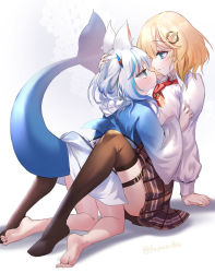 Rule 34 | 2girls, animal ear fluff, animal ears, barefoot, between breasts, blonde hair, blue eyes, blue hair, blue hoodie, blush, bob cut, breasts, brown skirt, brown thighhighs, cat ears, closed mouth, collared shirt, commentary, fins, fish tail, fuyouchu, gawr gura, hair between eyes, hair ornament, hand on another&#039;s head, head between breasts, hololive, hololive english, hood, hoodie, kneeling, long sleeves, looking at another, medium breasts, multicolored hair, multiple girls, necktie, one side up, plaid, plaid skirt, pleated skirt, profile, puffy long sleeves, puffy sleeves, red neckwear, shark hair ornament, shark tail, shirt, sitting, skirt, smile, soles, split mouth, streaked hair, tail, tail raised, thigh strap, thighhighs, virtual youtuber, watson amelia, white hair, white shirt, wide sleeves, yuri
