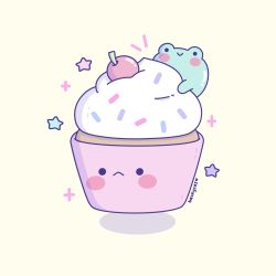 Rule 34 | becky cas, blush, cherry, commentary, cream, cupcake, english commentary, food, frog, fruit, highres, original, pink background, simple background, smile, sprinkles, surprised