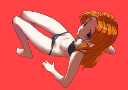 Rule 34 | 10s, 1girl, all fours, alternate hairstyle, blue bra, blue eyes, blue panties, bow, bow bra, bow panties, bra, full body, girls und panzer, highres, long hair, navel, orange hair, orange pekoe (girls und panzer), panties, pointy ears, red background, simple background, solo, tanaka ahiru, underwear, underwear only