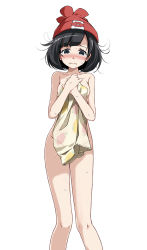 Rule 34 | 1girl, beanie, black eyes, black hair, blush, breasts, completely nude, covering breasts, covering privates, creatures (company), game freak, hat, looking at viewer, medium breasts, nintendo, nude, pokemon, pokemon sm, red hat, selene (pokemon), shirt, short hair, simple background, solo, standing, tears, tsukishiro saika, white background, yellow shirt