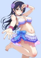 Rule 34 | 1girl, arm up, barefoot, bikini, bikini skirt, blue background, blue hair, blush, bracelet, closed mouth, commentary request, embarrassed, feet, flower, frilled bikini, frills, hair between eyes, hair ornament, hibiscus, jewelry, kotengu, leg up, long hair, looking at viewer, love live!, love live! school idol project, natsuiro egao de 1 2 jump!, navel, necklace, outstretched arm, simple background, solo, sonoda umi, swimsuit, toes, yellow eyes