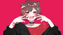 Rule 34 | 1boy, absurdres, amatsuki (utaite), animal (vocaloid), bandaid, bandaid on arm, black jacket, black nails, blush, brown hair, cat hair ornament, commentary request, cone hair bun, crescent, crescent choker, crescent hair ornament, derivative work, fangs, hair bun, hair ornament, hairclip, heart o-ring, highres, indie utaite, jacket, long sleeves, looking at viewer, male focus, masamune (amatsuki), multicolored nails, nail polish, niconico, open mouth, paw hair ornament, red eyes, red nails, red shirt, saliva, shiroko, shirt, short sleeves, solo, t-shirt, utaite, vocaloid