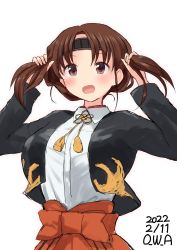 Rule 34 | 1girl, alternate hairstyle, artist name, blouse, blue jacket, brown eyes, brown hair, chiyoda (kancolle), commentary request, dated, headband, highres, holding, holding own hair, jacket, kantai collection, medium hair, one-hour drawing challenge, owa (ishtail), shirt, simple background, solo, twintails, upper body, white background