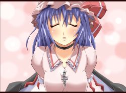 Rule 34 | 1girl, aged up, blue hair, closed eyes, cross, female focus, gradient background, hat, incoming kiss, letterboxed, remilia scarlet, ribbon, shin&#039;ya (nanp), short hair, solo, touhou, upper body, wings
