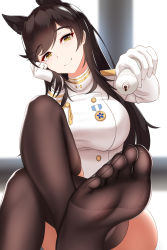 Rule 34 | 1girl, animal ears, atago (azur lane), azur lane, black hair, black thighhighs, blush, bottle, breasts, brown eyes, closed mouth, extra ears, feet, gloves, hair ribbon, head tilt, highres, holding, holding bottle, indoors, large breasts, long hair, looking at viewer, military, military uniform, mole, mole under eye, nekoda (maoda), no shoes, pouring, ribbon, sitting, smile, soles, solo, swept bangs, thighhighs, toes, uniform, white ribbon