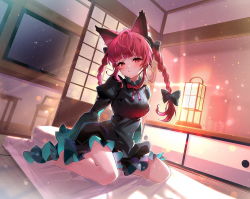 Rule 34 | 1girl, :&lt;, animal ears, barefoot, blunt bangs, blurry, blush, bokeh, bow, bowtie, braid, breasts, cat ears, closed mouth, depth of field, diffraction spikes, dress, dutch angle, full body, green dress, indoors, juliet sleeves, juno (earl grey), kaenbyou rin, lens flare, light, light particles, light rays, long hair, long sleeves, looking at viewer, medium breasts, petticoat, puffy sleeves, red bow, red bowtie, red eyes, red hair, sitting, slit pupils, solo, touhou, twin braids, twintails, wariza