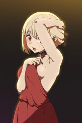 Rule 34 | 1girl, absurdres, alternate hairstyle, arm behind head, armpit crease, armpits, backless dress, backless outfit, bare arms, black ribbon, blonde hair, blush, breasts, choker, clothes pull, commentary, cowboy shot, dress, dress pull, embarrassed, hair between eyes, hair ribbon, highres, indoors, large breasts, looking to the side, lower teeth only, lycoris recoil, medium hair, nishikigi chisato, oekakiism, official alternate costume, open mouth, pulling own clothes, red dress, red eyes, ribbon, sideboob, simple background, sleeveless, sleeveless dress, solo, teeth