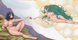 Rule 34 | 2girls, absurdres, aged up, bad id, bad twitter id, barefoot, blue eyes, blue hair, braid, breasts, breasts apart, byleth (female) (fire emblem), byleth (fire emblem), cloud, completely nude, feet, fine art parody, fire emblem, green eyes, green hair, hair ornament, highres, intelligent systems, kaos art, large breasts, long hair, looking at another, medium hair, multiple girls, nintendo, nipples, nude, parody, pointy ears, sothis (fire emblem), the creation of adam, toes, twin braids, uncensored, very long hair, wide hips