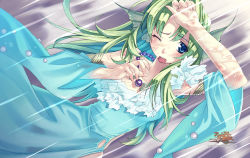 Rule 34 | 10s, 1girl, 2010, ;o, agarest senki, agarest senki (series), arm up, blue dress, blue eyes, blush, company name, copyright name, covering privates, dress, dutch angle, fins, game cg, green hair, highres, hirano katsuyuki, jewelry, long hair, necklace, official art, one eye closed, rain, reverie (agarest senki), solo, surprised, wet, wink