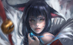 Rule 34 | 1girl, ahri (league of legends), animal ears, bare shoulders, bell, black hair, facial mark, highres, image sample, jingle bell, league of legends, long hair, looking at viewer, magic, parted lips, realistic, solo, wlop, yellow eyes
