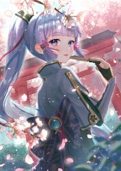 Rule 34 | 1girl, absurdres, arm guards, armor, armored dress, ayaka (genshin impact), blue eyes, blue hair, blunt bangs, blunt tresses, flower knot, folding fan, genshin impact, hand fan, harushio, highres, holding, holding fan, japanese armor, light blue hair, looking at viewer, mole, mole under eye, ponytail, solo, standing, sunlight, tassel, tassel choker, torii