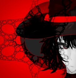 Rule 34 | 1other, androgynous, black hair, black hat, chinese commentary, closed mouth, colored skin, commentary request, enraku tsubakura, expressionless, hat, highres, len&#039;en, other focus, portrait, red background, red eyes, short hair, solo, white skin, zaglossus bartoni