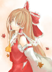 Rule 34 | 1girl, ascot, autumn leaves, bow, detached sleeves, female focus, frills, hair bow, hair tubes, hakurei reimu, kinsenka, leaf, long hair, looking at viewer, red bow, ribbon-trimmed sleeves, ribbon trim, sidelocks, simple background, solo, touhou, very long hair, vest, white hair